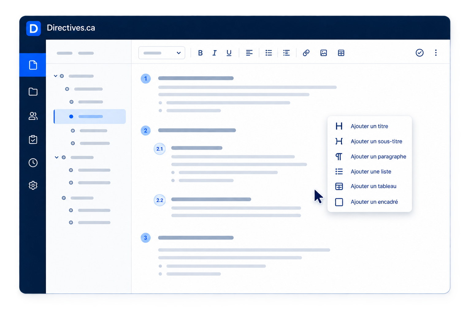 Menu d’ajout de contenu par clic droit dans Directives.ca